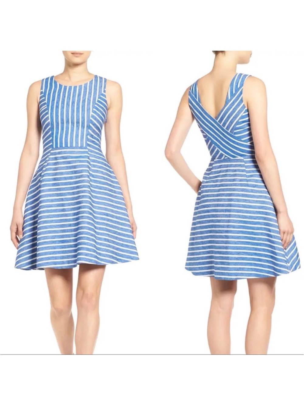 Vineyard Vines sz 4 Blue White Stripe Sleeveless Fit-Flare Dress linen cotton